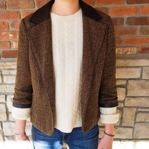 Leather trimmed tweed blazer